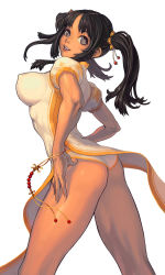 Rule 34 | 10s, 1girl, ass, black hair, blade &amp; soul, breasts, china dress, chinese clothes, covered erect nipples, dress, grey eyes, hands on own hips, impossible clothes, kim hyung tae, large breasts, lips, open mouth, short hair, simple background, smile, solo, twintails, white background