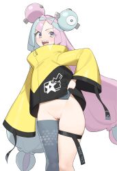Rule 34 | 1girl, absurdres, blue hair, blush, bottomless, bow-shaped hair, character hair ornament, cleft of venus, clothes lift, creatures (company), dwayne hakkai 2, game freak, grey pantyhose, hair ornament, hexagon print, highres, iono (pokemon), jacket, lifted by self, long hair, looking at viewer, low-tied long hair, multicolored hair, nintendo, no panties, open mouth, oversized clothes, pantyhose, pink hair, pokemon, pokemon sv, pussy, sharp teeth, shirt, single leg pantyhose, sleeves past fingers, sleeves past wrists, smile, solo, split-color hair, star (symbol), star in eye, symbol in eye, teeth, thigh strap, two-tone hair, very long sleeves, yellow eyes, yellow jacket