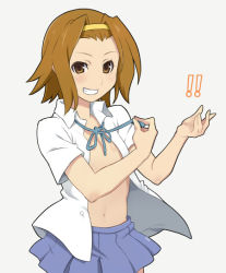 Rule 34 | !, !!, 1girl, brown eyes, brown hair, flat chest, grin, hairband, k-on!, looking at viewer, maruto!, miniskirt, no bra, open clothes, open shirt, pleated skirt, school uniform, shirt, short hair, simple background, skirt, smile, solo, tainaka ritsu, undressing, white background