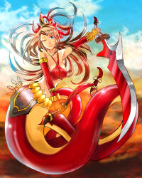 Rule 34 | 1girl, absurdres, blonde hair, blue eyes, desert, echidna (p&amp;d), highres, lamia, long hair, monster girl, one eye closed, ponytail, puzzle &amp; dragons, smile, solo, sword, weapon