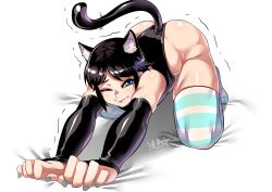 Rule 34 | 1girl, animal ear fluff, animal ears, aqua eyes, aqua nails, ass, bare shoulders, black hair, cat ears, cat stretch, cat tail, clenched hands, detached sleeves, gloves, kemonomimi mode, leotard, looking at viewer, nail polish, one eye closed, original, ryuusei (mark ii), shiny skin, short hair, signature, skindentation, smile, solo, stretching, tail, taut leotard, thighhighs, wavy mouth