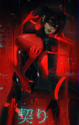 Rule 34 | 1girl, android, arm behind head, arm up, black bodysuit, black hair, blue eyes, bodysuit, breasts, commentary, covered erect nipples, cyberpunk, disembodied hand, distortion, elster (signalis), english commentary, facial mark, female focus, gluteal fold, grabbing, grabbing another&#039;s breast, highres, joints, large breasts, lips, neon trim, nyuunzi, red background, robot joints, rolling eyes, short hair, signalis, solo focus