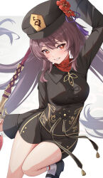 Rule 34 | 1girl, absurdres, arm up, black coat, black footwear, black shorts, breasts, brown hair, coat, floating hair, flower, flower-shaped pupils, genshin impact, grey background, grin, hat, hat flower, highres, holding, holding polearm, holding weapon, hu tao (genshin impact), iroha (unyun), long hair, long sleeves, looking at viewer, mandarin collar, medium breasts, plum blossoms, polearm, porkpie hat, red eyes, red flower, red shirt, shirt, shorts, simple background, smile, socks, solo, symbol-shaped pupils, taut clothes, teeth, thighs, twintails, two-tone background, weapon, white background, white socks