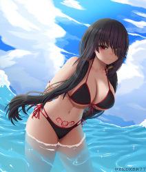 Rule 34 | 1girl, absurdres, arms behind back, artist name, backlighting, bikini, black bikini, black hair, breasts, cleavage, cowboy shot, date a live, hair ornament, hair over one eye, hand on arm, heterochromia, highres, large breasts, leaning forward, long bangs, long hair, looking at viewer, low twintails, nail polish, navel, ocean, outdoors, pubic tattoo, red eyes, red nails, side-tie bikini bottom, sideboob, smile, solo, sunlight, swimsuit, tattoo, thighs, tokisaki kurumi, twintails, underboob, very long hair, wading, watermark, yellow eyes, zedxbr