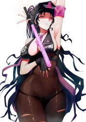 Rule 34 | 1girl, absurdres, arm behind head, arm up, armpits, bare shoulders, bikini, black bikini, black gloves, black hair, black hat, black pantyhose, blush, breasts, cleavage, covered navel, facial mark, fate/grand order, fate (series), fingerless gloves, forehead mark, gloves, halterneck, hat, highres, large breasts, long hair, looking at viewer, multicolored hair, necktie, pantyhose, parted bangs, parted lips, pink hair, pink necktie, police hat, ponytail, rororo, sessyoin kiara, sessyoin kiara (swimsuit mooncancer), sessyoin kiara (swimsuit mooncancer) (second ascension), shaded face, solo, streaked hair, swimsuit, thighs, traffic baton, very long hair, wet, white background, yellow eyes