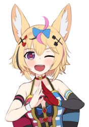 Rule 34 | 1girl, :d, ahoge, alternate hairstyle, animal ears, bare shoulders, blonde hair, blue bow, blush, bow, choker, fox ears, gloves, hair bow, hair ornament, halterneck, heart, heart-shaped pupils, hololive, looking at viewer, multicolored hair, omaru polka, omaru polka (1st costume), one eye closed, open mouth, own hands together, purple eyes, red choker, red gloves, round teeth, short hair, simple background, single glove, smile, solo, streaked hair, symbol-shaped pupils, teeth, upper body, upper teeth only, virtual youtuber, white background, wristband, x hair ornament, yoako