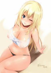 Rule 34 | 10s, 1girl, arm support, atago (kancolle), blonde hair, blue eyes, breasts, cleavage, covered erect nipples, from above, kantai collection, large breasts, long hair, looking at viewer, nipples, one eye closed, sakiryo kanna, see-through, shiny skin, sitting, solo