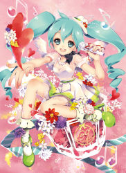 Rule 34 | 1girl, 39, aqua eyes, aqua hair, belt, character name, hat, hatsune miku, high heels, jewelry, long hair, matoki misa, microphone, musical note, necklace, open mouth, outstretched arm, shoes, sitting, skirt, socks, solo, twintails, vocaloid
