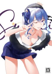 Rule 34 | 1girl, bare shoulders, bent over, beret, blue eyes, blue hair, blue ribbon, blue skirt, breasts, chaunceley, crown, fur trim, hair ornament, hair ribbon, hat, highres, hololive, hoshimachi suisei, long hair, looking at viewer, mini crown, one eye closed, open mouth, ribbon, side ponytail, signature, simple background, skirt, small breasts, solo, star (symbol), star hair ornament, star ornament, v, virtual youtuber, white background, writing
