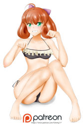 Rule 34 | 1girl, :d, ahoge, bikini, blush, bow, breasts, collarbone, curly hair, freckles, green eyes, hair bow, highres, kimmy77, legs, open mouth, orange hair, patreon logo, paw pose, penny polendina, rwby, short hair, side-tie bikini bottom, small breasts, smile, solo, swimsuit, thighs, watermark, web address, white background
