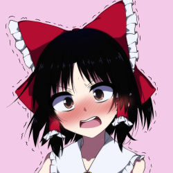Rule 34 | 1girl, absurdres, bad id, bad pixiv id, bare shoulders, black hair, blush, bow, d:, embarrassed, frills, hair bow, hair tubes, hakurei reimu, highres, kobashino, open mouth, pink background, portrait, raised eyebrows, red eyes, round teeth, simple background, solo, sweat, teeth, touhou, trembling