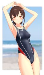 Rule 34 | 1girl, absurdres, arms up, black one-piece swimsuit, blue sky, blurry, breasts, brown hair, clothes writing, cloud, competition swimsuit, cowboy shot, day, depth of field, highres, horizon, kantai collection, long hair, looking at viewer, low ponytail, multicolored clothes, multicolored swimsuit, ocean, one-piece swimsuit, orange eyes, outdoors, parted lips, sky, small breasts, solo, souya (kancolle), swimsuit, takafumi, waves