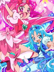 Rule 34 | 2-nd, 2girls, anime coloring, arm up, blue background, blue bow, blue bowtie, blue dress, blue eyes, blue flower, blue hair, blue sleeves, blush stickers, boots, bow, bowtie, brooch, commentary request, cure blossom, cure marine, dress, dress flower, eyelashes, feet out of frame, floral background, flower, foot out of frame, frilled sleeves, frills, hair bobbles, hair bow, hair flower, hair ornament, hanasaki tsubomi, heart, heart brooch, heart hair ornament, heartcatch precure!, high heel boots, high heels, high ponytail, jewelry, kneehighs, kurumi erika, leg up, long hair, looking at viewer, magical girl, multiple girls, open mouth, outstretched arm, petals, pink background, pink bow, pink bowtie, pink dress, pink eyes, pink flower, pink footwear, pink hair, pink sleeves, pink wrist cuffs, precure, puffy short sleeves, puffy sleeves, short dress, short sleeves, smile, socks, spar, thighhighs, two-tone background, very long hair, wavy hair, white socks, white thighhighs, wrist cuffs