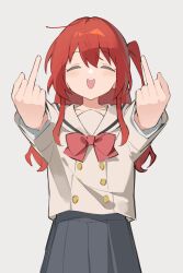 Rule 34 | 1girl, absurdres, black skirt, bocchi the rock!, bow, closed eyes, double middle finger, fei (songyijie), grey background, hair between eyes, highres, kita ikuyo, long hair, long sleeves, middle finger, one side up, open mouth, pleated skirt, red bow, red hair, sailor collar, school uniform, shuka high school uniform, simple background, skirt, solo, white sailor collar