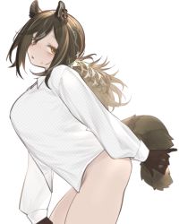 Rule 34 | 1girl, animal ears, arknights, black gloves, blush, bottomless, breasts, brown hair, ear piercing, freckles, from side, gloves, highres, kochiya (gothope), large breasts, leaning forward, long hair, long sleeves, looking at viewer, looking to the side, low ponytail, open mouth, piercing, raccoon ears, raccoon girl, raccoon tail, robin (arknights), simple background, solo, sweatdrop, tail, white background, yellow eyes
