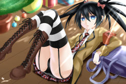 Rule 34 | 10s, 1girl, absurdres, armband, ass, black hair, black panties, black rock shooter, black rock shooter: the game, black rock shooter (character), black rock shooter (game), blue eyes, boots, cameltoe, christmas ornaments, christmas tree, cross-laced footwear, garter straps, gift, highres, jacket, knee boots, lace-up boots, lying, nez-box, on back, panties, plaid, plaid skirt, skirt, solo, striped clothes, striped thighhighs, thighhighs, twintails, underwear