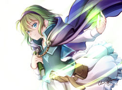 Rule 34 | 1girl, belt, belt pouch, blue eyes, book, cape, clear glass (mildmild1311), collarbone, fire emblem, fire emblem: the blazing blade, green hair, hairband, highres, holding, holding book, long sleeves, nino (fire emblem), nintendo, pouch, purple cape, purple hairband, shirt, short hair, signature, simple background, skirt, smile, solo, twitter username, white background