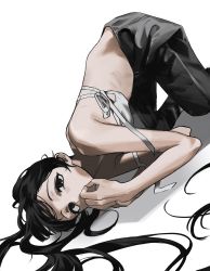 Rule 34 | 1girl, 2pineapplepizza, bent over, black eyes, black hair, black pants, commentary request, hand to own mouth, highres, korean commentary, long hair, pants, on floor, original, pants, shirt, side-tie shirt, simple background, skinny, white background, white shirt