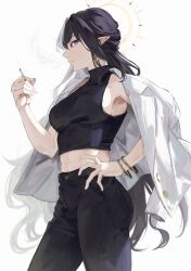 Rule 34 | 1girl, absurdres, algorhythm project, black hair, black pants, black shirt, breasts, cigarette, closed mouth, crop top, earrings, eileennoir, highres, holding, holding cigarette, jacket, jewelry, kamiro (kamin r0), long hair, medium breasts, midriff, multicolored hair, pants, pointy ears, purple eyes, shirt, solo, stomach, two-tone hair, virtual youtuber, white hair, white jacket