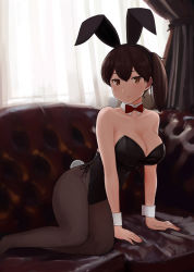 Rule 34 | 1girl, alternate costume, animal ears, arm support, bare arms, bare shoulders, black hairband, black leotard, bow, bowtie, breasts, brown eyes, brown hair, brown pantyhose, cleavage, closed mouth, collarbone, couch, curtains, detached collar, expressionless, fake animal ears, female focus, fuyube gin (huyube), hair between eyes, hairband, highres, indoors, kaga (kancolle), kantai collection, large breasts, leotard, looking at viewer, neck, on couch, pantyhose, playboy bunny, rabbit ears, rabbit tail, red bow, red bowtie, short hair, side ponytail, solo, strapless, strapless leotard, tail, window, wrist cuffs