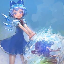 Rule 34 | circled 9, 2girls, blue background, blue bow, blue dress, blue eyes, blue hair, blue nails, blue wings, bow, cirno, commentary request, daiyousei, dress, frozen, hair bow, highres, ice, ice wings, looking at viewer, multiple girls, nail polish, one side up, open mouth, pointy ears, puffy short sleeves, puffy sleeves, short hair, short sleeves, skirt, smile, standing, touhou, v, vest, wings, yst