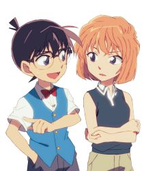 Rule 34 | 1boy, 1girl, :d, bad id, bad pixiv id, black-framed eyewear, black shirt, blue eyes, bow, bowtie, brown hair, child, collared shirt, crossed arms, dress shirt, edogawa conan, eye contact, glasses, hage ta, haibara ai, hand in pocket, index finger raised, light brown hair, looking at another, meitantei conan, open mouth, over-rim eyewear, red bow, red neckwear, semi-rimless eyewear, shirt, short hair, short sleeves, simple background, sleeveless, sleeveless shirt, smile, white background, white shirt, wing collar