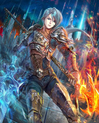 Rule 34 | 1boy, armor, belt, black gloves, blue eyes, dual wielding, flaming weapon, frown, gauntlets, ggozira, gloves, greaves, grey hair, highres, holding, leather, looking at viewer, male focus, official art, outdoors, pants, shoulder armor, single glove, solo, standing, sword, tenkuu no crystalia, tower, weapon