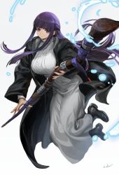 Rule 34 | 1girl, black coat, black footwear, blunt bangs, boots, breasts, coat, dress, fern (sousou no frieren), highres, holding, holding staff, infukun, large breasts, long hair, long sleeves, looking at viewer, mage staff, open clothes, open coat, purple eyes, purple hair, sidelocks, solo, sousou no frieren, staff, white dress, wide sleeves