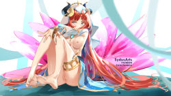 Rule 34 | 1girl, artist name, barefoot, breasts, brooch, censored, circlet, feet, full body, genshin impact, horns, jewelry, legs, long hair, long sleeves, looking at viewer, medium breasts, mosaic censoring, nail polish, nilou (genshin impact), nipples, parted bangs, pussy, red hair, sitting, soles, solo, sydus, thighlet, thighs, toes, veil, very long hair