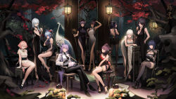 Rule 34 | 6+girls, alternate costume, alternate hairstyle, antlers, aqua eyes, artist name, backless dress, backless outfit, bare back, bare shoulders, beidou (genshin impact), black dress, black footwear, black gloves, black hair, black headwear, black pants, black ribbon, black shirt, blonde hair, blue hair, bracelet, braid, breasts, brown hair, chair, claw ring, cleavage, cleavage cutout, closed mouth, clothing cutout, cloud retainer (genshin impact), collared jacket, commentary request, cone hair bun, crossed legs, dress, earrings, elbow gloves, flower, from behind, ganyu (genshin impact), genshin impact, gloves, goat horns, gradient dress, grey dress, grey footwear, grey thighhighs, hair bun, hair ornament, hair over one eye, heitian keji, high heels, highres, holding, holding staff, horns, hu tao (genshin impact), jacket, jewelry, keqing (genshin impact), lantern, leaning on object, long hair, long sleeves, looking at viewer, mary janes, multicolored hair, multiple girls, multiple rings, necklace, ningguang (genshin impact), pants, pearl bracelet, pink hair, plant, plum blossoms, plunging neckline, pom pom (clothes), pom pom hair ornament, potted plant, purple hair, rabbit, red dress, red eyes, red flower, red hair, ribbon, ring, shenhe (genshin impact), shirt, shoes, side slit, single glove, sitting, sleeveless, sleeveless dress, smile, socks, staff, stool, thighhighs, thighlet, tree, twin braids, white dress, white gloves, white hair, white jacket, white socks, wide shot, xiangling (genshin impact), xianyun (genshin impact), xinyan (genshin impact), yanfei (genshin impact), yelan (genshin impact), yun jin (genshin impact)