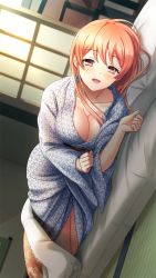Rule 34 | 1girl, :d, blush, breasts, cleavage, collarbone, doukyuusei another world, dutch angle, futon, game cg, hair between eyes, hair down, indoors, japanese clothes, kimono, large breasts, long hair, looking at viewer, official art, open mouth, orange hair, pillow, red eyes, sendou airi, smile, solo, straight hair, under covers