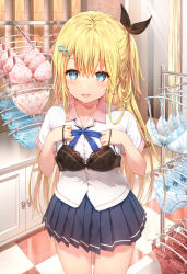 Rule 34 | 1girl, black bra, black ribbon, blonde hair, blue eyes, blue panties, blue ribbon, blue skirt, blush, bra, character request, clothes shop, collared shirt, commentary request, cowboy shot, hair between eyes, hair ornament, hair ribbon, highres, holding, holding bra, holding clothes, holding underwear, indoors, lingerie, lingerie girl wo okini mesu mama, long hair, looking at viewer, neck ribbon, one side up, open mouth, panties, pink bra, pink panties, pleated skirt, red panties, ribbon, school uniform, shirt, sidelocks, skirt, solo, sune (mugendai), underwear, white bra, white panties, white shirt