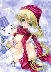 Rule 34 | 1girl, :o, absurdres, animal ears, ass, between breasts, blonde hair, boots, breasts, candy, cat ears, chocolate, chocolate heart, crossed arms, food, from above, green eyes, hat, heart, highres, large breasts, long hair, looking at viewer, nipples, nude, original, ramiya ryou, red neckwear, scan, scarf, sitting, snowman, solo, thighhighs, very long hair, wariza, white legwear