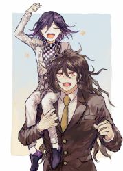 Rule 34 | 2boys, :d, absurdres, black footwear, black hair, brown hair, brown jacket, carrying, checkered clothes, checkered neckwear, checkered scarf, collared shirt, commentary request, danganronpa (series), danganronpa v3: killing harmony, closed eyes, glasses, gokuhara gonta, green hair, hair between eyes, highres, jacket, long hair, long sleeves, looking at viewer, male focus, multiple boys, necktie, open mouth, oma kokichi, pants, postal mark (tsu qq), purple hair, red eyes, scarf, school uniform, shirt, shoes, simple background, smile, straitjacket, teeth, upper body, white jacket, white pants, yellow neckwear
