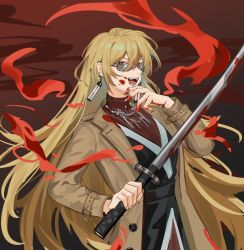 Rule 34 | 1girl, alternate costume, arong, aura, blonde hair, blood, blood on hands, bloody weapon, buttons, earrings, fangs, glasses, hand on own chin, jacket, jewelry, long hair, long sleeves, looking at viewer, matara okina, necklace, open mouth, orange eyes, smile, solo, sword, tongue, touhou, upper body, very long hair, weapon