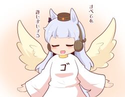 Rule 34 | 1girl, :d, animal ears, blush stickers, bow, brown background, brown hat, brown wings, chibi, closed eyes, dress, ear bow, ear covers, facing viewer, feathered wings, gold ship (umamusume), gomashio (goma feet), gradient background, grey hair, hat, horse ears, horse girl, horse tail, long hair, long sleeves, mini hat, open mouth, purple bow, smile, solo, tail, translation request, umamusume, very long hair, white background, white dress, wide sleeves, wings