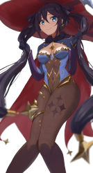 Rule 34 | 1girl, absurdres, black gloves, black hair, blue leotard, blush, bodystocking, bodysuit, bodysuit under clothes, breasts, brown legwear, cape, closed mouth, covered navel, earrings, genshin impact, gloves, gold trim, hair between eyes, hat, highres, holding, holding own hair, jewelry, knees together feet apart, legs together, leotard, long hair, long sleeves, looking at viewer, mona (genshin impact), nayuyu1105, ponytail holder, purple hat, purple sleeves, sidelocks, simple background, small breasts, smile, solo, star (symbol), star earrings, twintails, very long hair, white background, witch hat