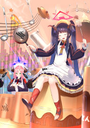 Rule 34 | 2girls, ^ ^, apron, black hair, blue archive, closed eyes, commentary request, frying pan, fuuka (blue archive), green eyes, hair between eyes, halo, highres, juri (blue archive), long hair, mirya(artist), multiple girls, musical note, open mouth, pot, rice, school uniform, sitting