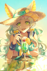 Rule 34 | :d, animal ears, bow, breasts, cat ears, cherry, day, drink, elbows on table, food, fruit, green eyes, green nails, hair bow, hat, hat ornament, highres, kuina (escapegoat), long hair, looking at viewer, medium breasts, nail polish, open mouth, orange (fruit), orange slice, original, outdoors, reflection, sleeveless, smile, straw hat, summer, sun hat, table, white hair, wristband, yellow bow
