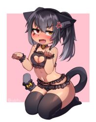 Rule 34 | 1girl, anger vein, animal ear fluff, animal ears, artist name, bare shoulders, bell, black bra, black choker, black hair, black panties, black scrunchie, black thighhighs, blush, bra, breasts, cat ears, cat girl, cat tail, chibi, choker, cleavage, cleavage cutout, clothing cutout, commentary, english commentary, fang, frilled bra, frilled panties, frills, full body, hands up, heart cutout, heterochromia, highres, iwbitu, jingle bell, lingerie, long hair, looking at viewer, medium breasts, navel, neck bell, open mouth, original, panties, paw pose, pink background, red eyes, scar, scar across eye, scar on face, scrunchie, seiza, simple background, sitting, solo, stomach, tail, tail scrunchie, thighhighs, twintails, twitter username, underwear, underwear only, v-shaped eyebrows, wrist scrunchie, yellow eyes