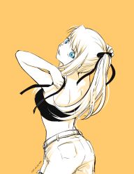 Rule 34 | 1girl, 2021, arched back, bandeau, bare arms, black bandeau, blue eyes, dated, from behind, fullmetal alchemist, hair ribbon, head tilt, limited palette, long hair, midriff, mini (pixiv6327751), open mouth, pants, ponytail, ribbon, shoulder blades, simple background, solo, standing, tying hair, winry rockbell, yellow background