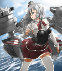 Rule 34 | 1girl, blouse, bow, bowtie, brown eyes, cannon, corset, grey hair, hair between eyes, hat, highres, kantai collection, long hair, machinery, mini hat, miniskirt, ocean, pola (kancolle), red skirt, rigging, shirt, skirt, solo, tama (tamago), thick eyebrows, thighhighs, turret, water, wavy hair, white shirt, white thighhighs
