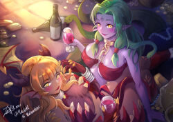 Rule 34 | 2girls, absurdres, alcohol, blonde hair, blunt bangs, blush, bottle, breasts, claws, colored skin, commission, cup, dragon (monster girl encyclopedia), dragon girl, dragon wings, drinking glass, echidna (monster girl encyclopedia), fang, fins, green hair, head fins, highres, horns, lamia, large breasts, monster girl, monster girl encyclopedia, multiple girls, open mouth, original, pointy ears, purple skin, smile, snake, snake hair, wine glass, wings, yellow eyes, zee n3