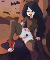 Rule 34 | 1girl, :d, adventure time, artist name, bat (animal), bite mark, black eyes, black hair, black nails, blush, bottomless, breasts, censored, colored skin, commentary, cosplay, english commentary, fangs, fangs out, female pubic hair, grey skin, highres, hotel transylvania, klimspree, leg up, long hair, looking at viewer, marceline abadeer, mavis dracula, mavis dracula (cosplay), medium breasts, mosaic censoring, no sclera, open mouth, pointy ears, pubic hair, pussy, shirt, shoes, smile, sneakers, solo, striped clothes, striped leggings, thighhighs, tongue, vampire, very long hair