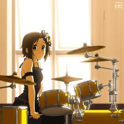 Rule 34 | 1girl, armlet, artist logo, backlighting, black dress, blurry, blurry foreground, brown eyes, brown hair, bysau, closed mouth, day, depth of field, dress, drum, drum set, drumsticks, formal, hair ornament, highres, holding, holding drumsticks, indoors, instrument, k-on!, light frown, looking at viewer, short hair, sitting, solo, spaghetti strap, tainaka ritsu, window