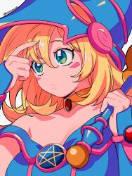 Rule 34 | 1girl, bare shoulders, blonde hair, blue hat, blush stickers, breasts, cleavage, closed mouth, dark magician girl, duel monster, green eyes, hair between eyes, hands up, hat, highres, holding, holding staff, large breasts, long hair, mommorua, pentacle, solo, staff, wizard hat, yu-gi-oh!