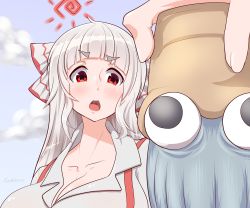 Rule 34 | 1girl, absurdres, artist name, blue sky, blunt bangs, blush, bow, breasts, cloud, collarbone, creatures (company), day, foreshortening, fujiwara no mokou, game freak, gen 1 pokemon, hair bow, highres, holding, large breasts, long hair, long sleeves, nintendo, omanyte, open mouth, pokemon, pokemon (creature), red eyes, shiny skin, short eyebrows, silver hair, sky, solo, sun, suspenders, teeth, tochinoko, tongue, touhou, upper body, uvula, very long hair