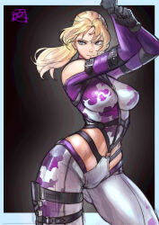 Rule 34 | 1girl, absurdres, arms up, between breasts, black gloves, blonde hair, blue eyes, bodysuit, breasts, chest harness, clothing cutout, contrapposto, gloves, grey bodysuit, harness, highres, holster, juaag acgy, knife sheath, large breasts, multicolored bodysuit, multicolored clothes, nina williams, parted bangs, ponytail, purple bodysuit, sheath, shoulder cutout, skin tight, solo, tekken, thigh holster