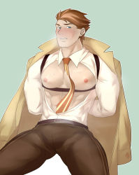 Rule 34 | 1boy, abs, absurdres, almond cookie, arms behind back, bara, bare pectorals, blush, breath, brown necktie, brown pants, bulge, chest harness, cookie run, feet out of frame, harness, highres, large pectorals, looking at viewer, male focus, muscular, muscular male, necktie, nipples, open clothes, open shirt, pants, pectoral lift, pectorals, pingpongpang, short hair, solo, striped necktie, thick thighs, thighs, underbust, vertical-striped clothes, vertical-striped necktie