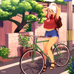Rule 34 | 1girl, arms up, artist name, bicycle, blue eyes, commentary, crop top, cutoffs, day, denim, denim shorts, english commentary, glass, hair tie in mouth, highres, june (squeezable), looking at viewer, mouth hold, original, outdoors, plant, ponytail, potted plant, red shirt, round eyewear, shirt, short shorts, short sleeves, shorts, smile, solo, squeezable (squeezabledraws), thick eyebrows, tree, tying hair, white hair